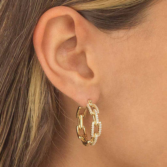 Cubic Zirconia Chain Link Hoop Earrings in Gold