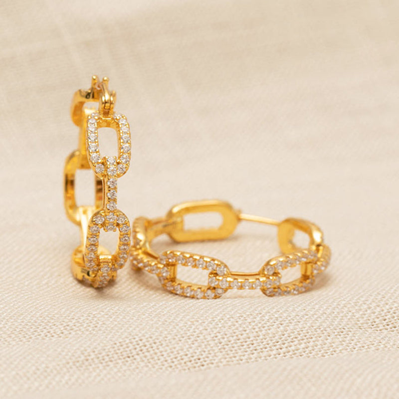 Cubic Zirconia Chain Link Hoop Earrings in Gold