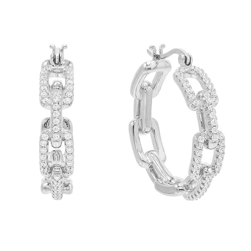 Cubic Zirconia Chain Link Hoop Earrings in Silver